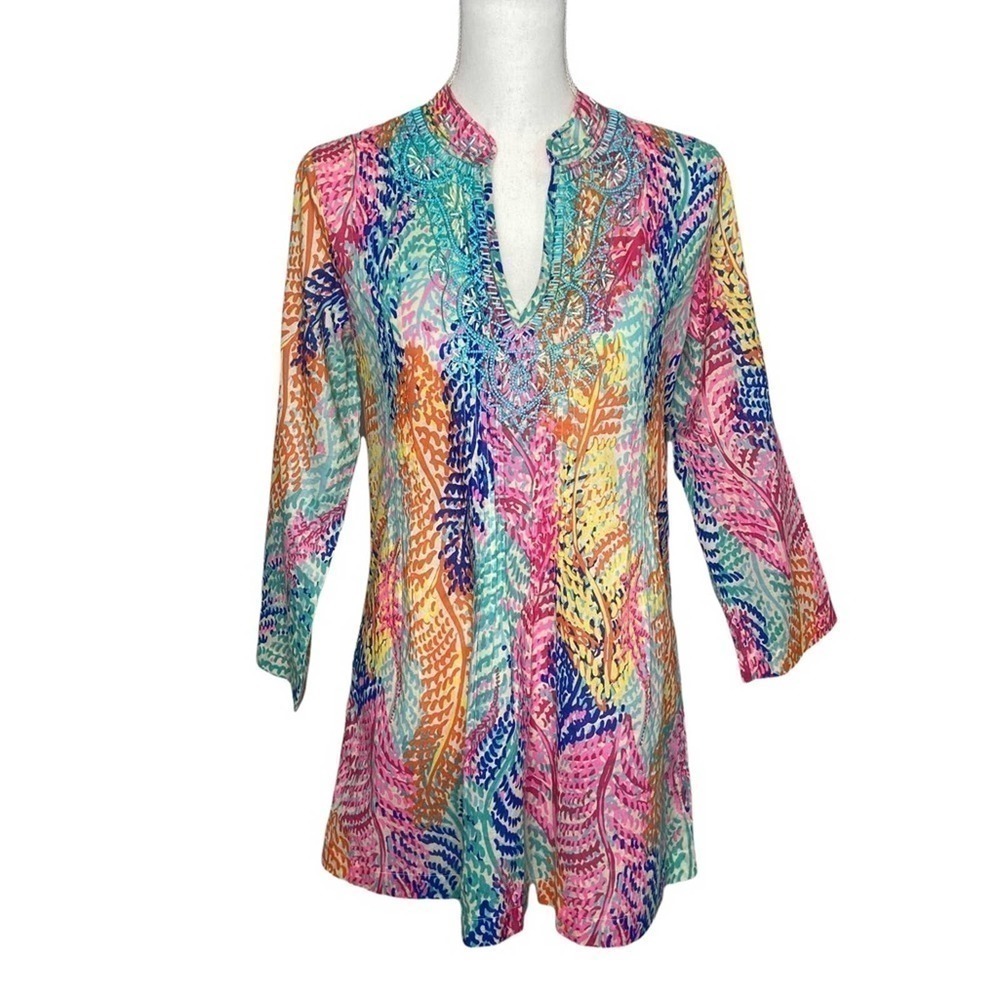 Lilly Pulitzer Sarasota Beaded Tunic Electric Feel Cameo White - Picture 2 of 15